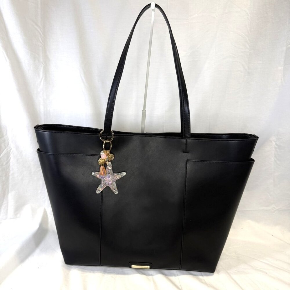 Extra Large Tote Bag, Black, w/Star Bag Charm, Padded Laptop Sleeve, NWT